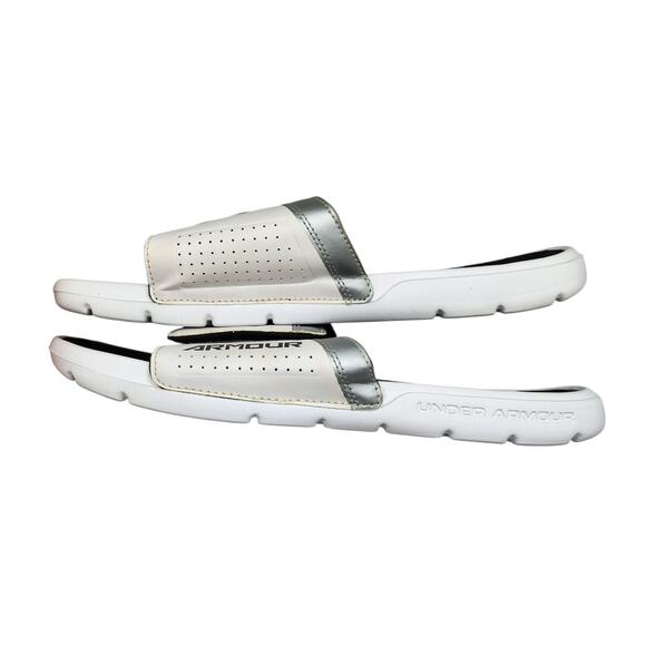 Under Armour Slides Mens 12 Sandals White Black Silver Metallic Ignite Comfort - Picture 4 of 13